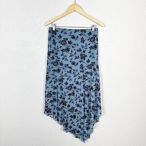 Y2K Fairy Grunge Velvet Burnout Asymmetrical Midi Skirt in Blue Size Large